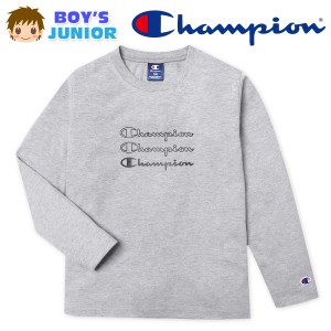 【送料無料】男児 ジュニア 天竺 長袖 Tシャツ Champion プリント 刺繍 綿混 子供服 男の子 td-0669a-gy【メール便対応】