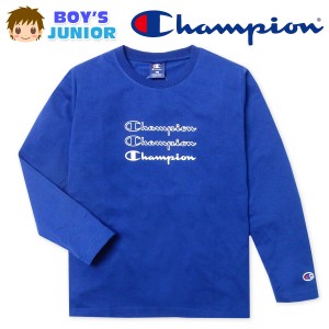 【送料無料】男児 ジュニア 天竺 長袖 Tシャツ Champion プリント 刺繍 綿混 子供服 男の子 td-0669b-bl【メール便対応】