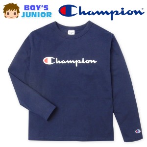 【送料無料】男児 ジュニア 本体綿100％ 長袖 Tシャツ Champion プリント 刺繍 子供服 男の子 td-0672g-nv【メール便対応】