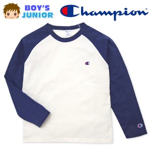 【送料無料】男児 ジュニア 長袖 Tシャツ Champion/チャンピオン 本体綿100％ ラグラン ロゴ刺繍 td-0176e-nv【メール便対応】