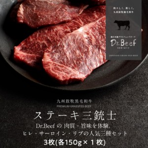 Dr.Beef ステーキ3種セット 合計450g (ヒレ150g、サーロイン150g、リブロース150g) ドクタービーフ 純日本産グラスフェッドビーフ 黒毛和