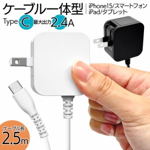 充電器 ACアダプター AC充電器 タイプC ケーブル一体型 直付 コンセント AC Type-C typec 2.4A 2.5m iPhone15 スマホ ラスタバナナ