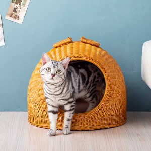 キャットハウス ちぐら 猫 ベッド ドーム型 ペットハウス ラタン 籐製 ペットベッド ふかふかクッション付き ペット用品 持ち運びに便利