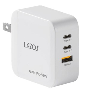 送料無料メール便 AC充電器 3ポート 66W Lazos L-AC3-G66W/1047ｘ１台 AC-USB充電器 窒化ガリウム採用 GaN　ポイント消化