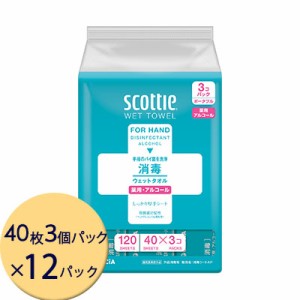 [取寄] クレシア スコッティ ウェットタオル 消毒 アルコールタイプ 40枚 3コパック×12パック ウエット ティッシュ 送料無料 01839