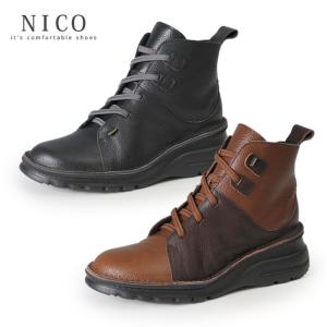 NICO ニコ 靴 ブーツ ショート 厚底 コンフォート レディース レースアップ ヒール ワイズ 4E 幅広 219 軽量 本革 日本製