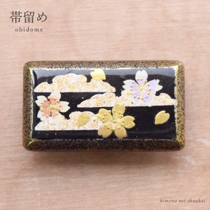 帯留【花しおり 四角 桜 蒔絵 9718】単品 日本製  花 金 ゴールド  アンティーク レトロ 帯留め おびどめ 和装小物