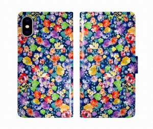 スカラー scolar iPhone15 ケース 手帳型 アイフォン 15Pro 15Plus 14 13 12 11 スマホケース カード入れ スマホカバー 手帳 ネイビー 花