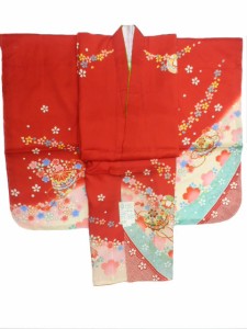 七五三 七歳 用 女子 正絹 着物 長襦袢 重ね衿 刺繍 半襟 付 赤地 手毬 小桜 柄No.3001