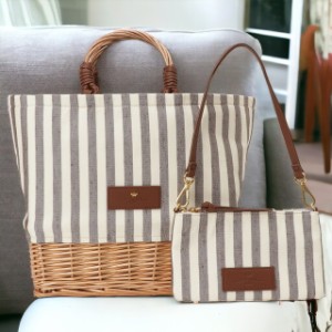 ウィークエンド マックスマーラ WEEKEND MAX MARA 2355111634600 001 ポーチ付 パナマ ハンドバッグ ストライプ ラタンかごバッグ ブラッ