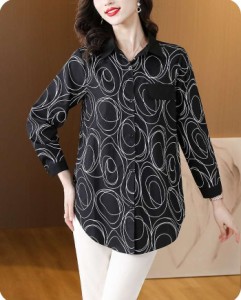 [月初SALE] 春新作 予約商品 大きいサイズ レディース トップス シャツ ブラウス 長袖 渦巻き 幾何学模様 韓国ファッション 大人 30代 40