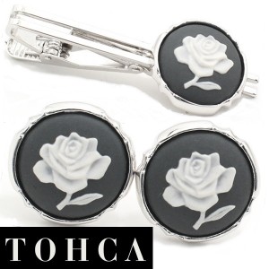 取寄品 【陶華・TOHCA】シルバー・ラウンド薔薇ローズカメオ・グレーのカフスセット(タイピンセット)