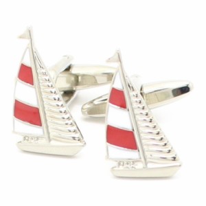 赤白ボーダーの帆がポイントのヨットカフス（カフリンクス/カフスボタン）