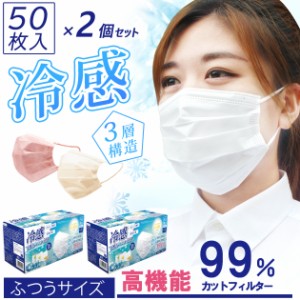 2個セット マスク 夏用 ひんやり 接触冷感 不織布 50枚 2箱(100枚) 使い捨て 大人用 (it-8453-2set)【沖縄県除き送料無料】 冷感 ホワイ