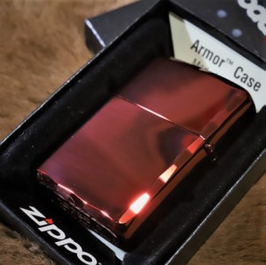 【Armor ZIPPO】 重厚アーマー シャインレイカット レッド 鏡面仕上げ 両面コーナーカット彫刻 赤 銀 Zippo シンプル アーマージッポ 重