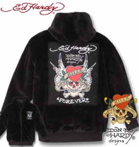 大きいサイズ Ed Hardy フェイクファーフルジップパーカージャケット ブラック 3L 4L 5L 6L/1278-2622-2-128