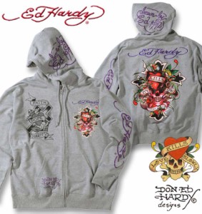 大きいサイズ Ed Hardy 裏毛刺繍&プリント フルジップパーカー ミックスグレー 3L 4L 5L 6L/1278-3336-1-128