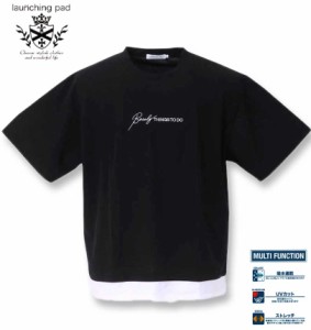 大きいサイズ launching pad ジョーゼット裾フェイクレイヤード半袖Tシャツ ブラック 3L 4L 5L 6L/1258-3241-2-36