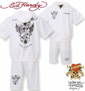 大きいサイズ Ed Hardy プリント&刺繍半袖フルジップパーカージャージ 上下セット オフホワイト 3L 4L 5L 6L 8L/1278-3563-1-138