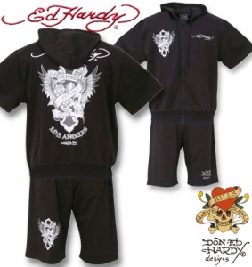 大きいサイズ Ed Hardy プリント&刺繍半袖フルジップパーカージャージ 上下セット ブラック 3L 4L 5L 6L 8L/1278-3563-2-138