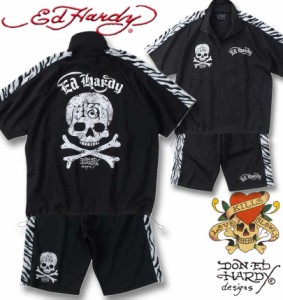 大きいサイズ Ed Hardy ゼブラ フェイクファーライン 半袖 ジャージ 上下セット ブラック 3L 4L 5L 6L 8L/1278-4517-2-138