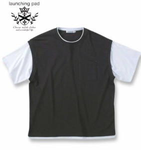 大きいサイズ launching pad パイナップルニット フェイクレイヤード 半袖 Tシャツ スミクロ×ホワイト 3L 4L 5L 6L/1258-4250-2-39