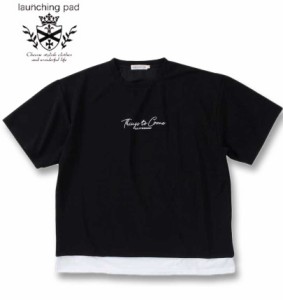 大きいサイズ launching pad アムンゼンツイル 裾フェイクレイヤード 半袖 Tシャツ ブラック×ホワイト 3L 4L 5L 6L/1258-4251-2-39