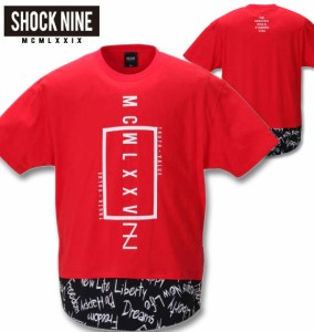 大きいサイズ SHOCK NINE ロング丈裾切替半袖Tシャツ レッド 3L 4L 5L 6L/1258-0291-1-49