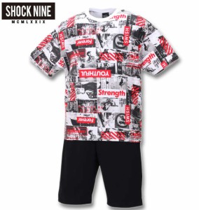 大きいサイズ SHOCK NINE 総柄半袖Tシャツ+ミニ裏毛ハーフパンツ レッド×ブラック 3L 4L 5L 6L/1258-0292-1-59