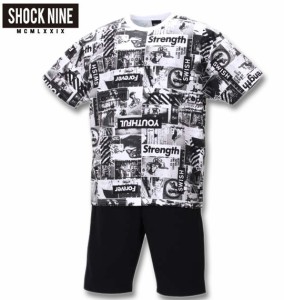 大きいサイズ SHOCK NINE 総柄半袖Tシャツ+ミニ裏毛ハーフパンツ ブラック×ブラック 3L 4L 5L 6L/1258-0292-2-59