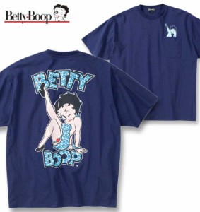 大きいサイズ BETTY BOOP 天竺 プリント ポケット付 半袖 Tシャツ ネイビー 3L 4L 5L 6L 8L/1278-4566-1-63