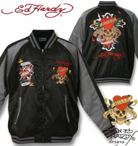 大きいサイズ Ed Hardy 刺繍 スカジャン ブラック×グレー 3L 4L 5L 6L/1273-4120-2-268