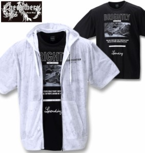 大きいサイズ BEAUMERE マーブル総柄半袖フルジップパーカー+半袖Tシャツ ホワイト×ブラック 3L 4L 5L 6L/1258-2270-1-69