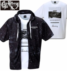 大きいサイズ BEAUMERE マーブル総柄半袖フルジップパーカー+半袖Tシャツ ブラック×ホワイト 3L 4L 5L 6L/1258-2270-2-69
