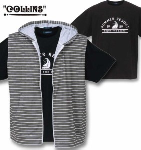 大きいサイズ COLLINS メッシュボーダーノースリーブフルジップパーカー+半袖Tシャツ チャコール×ブラック 3L 4L 5L 6L 8L/1258-3264-2-