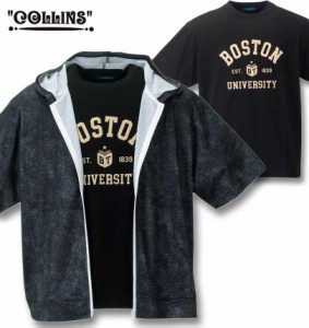 大きいサイズ COLLINS メッシュ デニム風プリント 半袖フルジップパーカー+半袖Tシャツ ブラック×ブラック 3L 4L 5L 6L 8L/1258-4243-2-