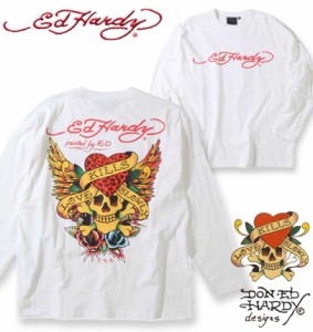 大きいサイズ Ed Hardy 天竺プリント長袖Tシャツ オフホワイト 3L 4L 5L 6L/1278-3335-1-69