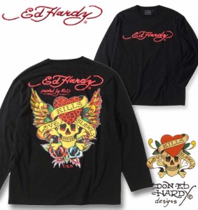 大きいサイズ Ed Hardy 天竺プリント長袖Tシャツ ブラック 3L 4L 5L 6L/1278-3335-2-69