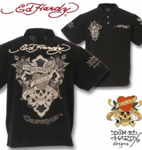 大きいサイズ Ed Hardy プリント&刺繍鹿の子半袖ポロシャツ ブラック×ベージュ 3L 4L 5L 6L 8L/1278-3562-1-72