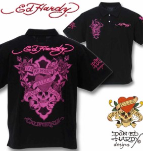 大きいサイズ Ed Hardy プリント&刺繍鹿の子半袖ポロシャツ ブラック×ピンク 3L 4L 5L 6L 8L/1278-3562-2-72