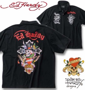 大きいサイズ Ed Hardy 鹿の子 プリント 半袖 ポロシャツ ブラック 3L 4L 5L 6L 8L/1278-4516-2-72