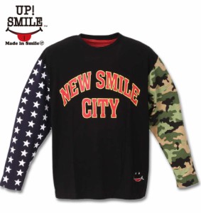 大きいサイズ UP!SMILE クレイジー切替長袖Tシャツ ブラック 3L 4L 5L 6L/1278-1625-2-79