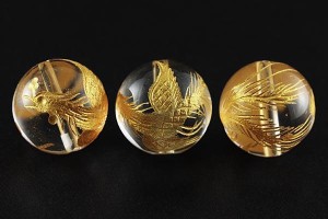 天然石 ビーズ【彫刻ビーズ】水晶 14mm (金彫り) 鳳凰 パワーストーン