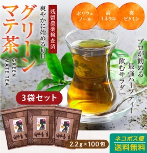 (3袋セット)マテ茶(グリーンマテ茶）ティーパック バッグ 2.2g×100包 送料無料 飲むサラダ ハーブティー 健康茶 美容 ダイエット