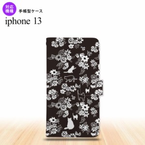 i13 iPhone13 手帳型スマホケース 全面印刷 猫 花 黒 人気 おしゃれ スマート シンプル  nk-004s-i13-dr1725