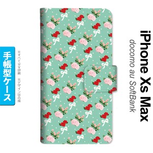 iPhoneXsMax iPhone XS Max 手帳型スマホケース カバー 花柄 バラ リボン ターコイズ  nk-004s-ixm-dr244