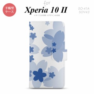 Xperia10 II 手帳型 スマホケース 全面印刷 おしゃれ ストラップホール有り 花柄 サクラ 青