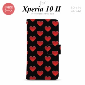 Xperia10 II 手帳型 スマホケース 全面印刷 おしゃれ ストラップホール有り ハート 黒 赤
