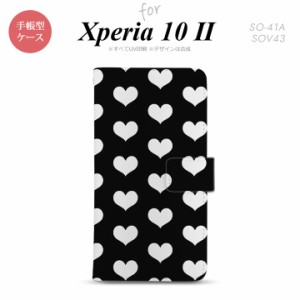 Xperia10 II 手帳型 スマホケース 全面印刷 おしゃれ ストラップホール有り ハート 黒 白