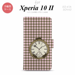 Xperia10 II 手帳型 スマホケース 全面印刷 おしゃれ ストラップホール有り 時計 チェック ピンク